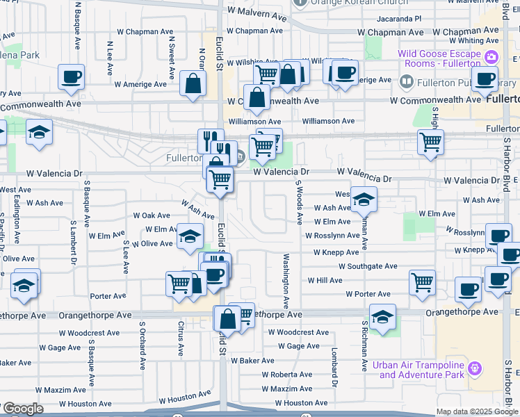 map of restaurants, bars, coffee shops, grocery stores, and more near 724 West Elm Avenue in Fullerton
