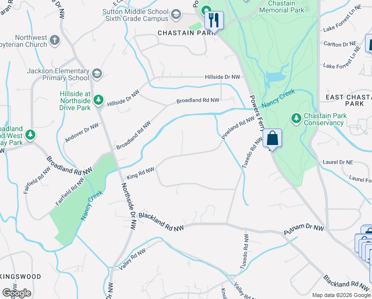 map of restaurants, bars, coffee shops, grocery stores, and more near 352 Pineland Road Northwest in Atlanta