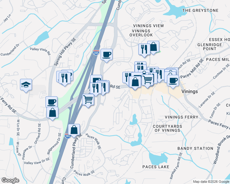 map of restaurants, bars, coffee shops, grocery stores, and more near 2474 Cumberland Parkway Southeast in Atlanta