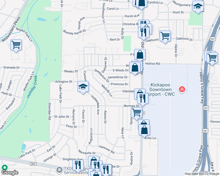 map of restaurants, bars, coffee shops, grocery stores, and more near 1537 Glendale Drive in Wichita Falls