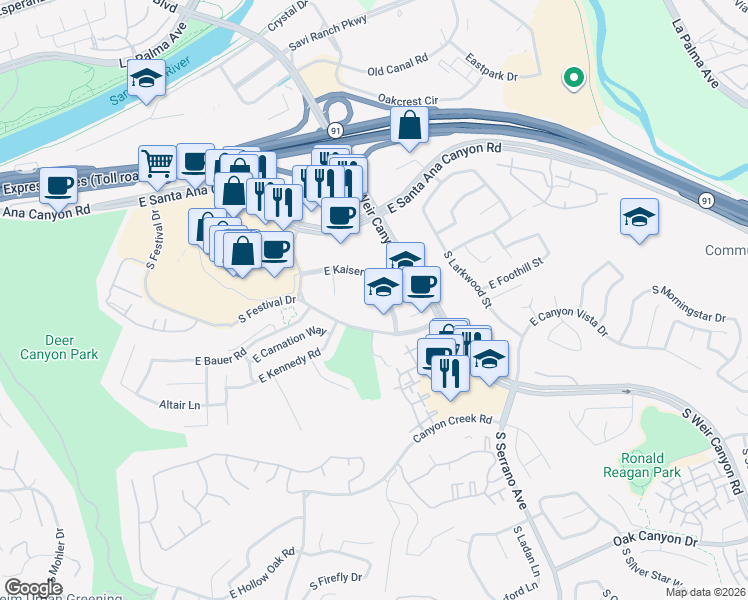 map of restaurants, bars, coffee shops, grocery stores, and more near 8190-8198 E Kaiser Blvd in Anaheim