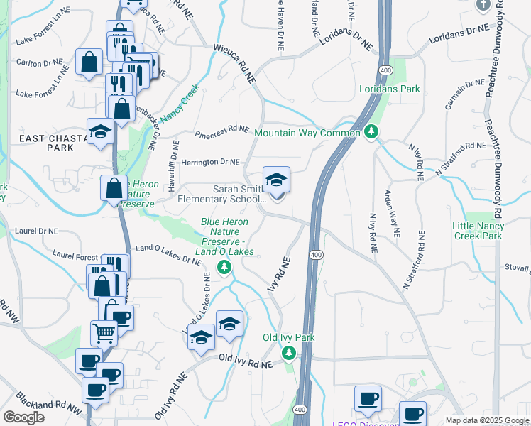 map of restaurants, bars, coffee shops, grocery stores, and more near 4141 Wieuca Road Northeast in Atlanta