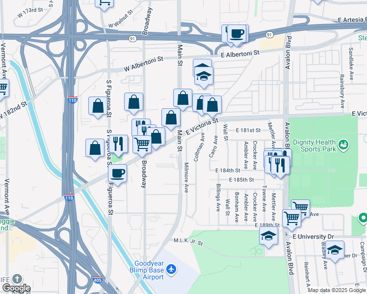 map of restaurants, bars, coffee shops, grocery stores, and more near 18223 Milmore Avenue in Carson