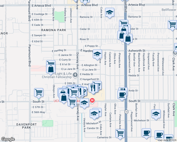 map of restaurants, bars, coffee shops, grocery stores, and more near 3618 East La Jara Street in Long Beach