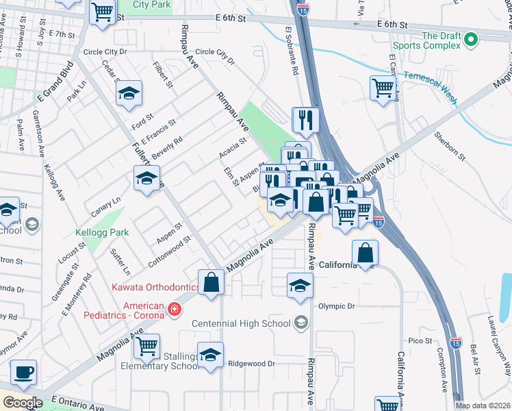 map of restaurants, bars, coffee shops, grocery stores, and more near 1171 Stone Pine Lane in Corona