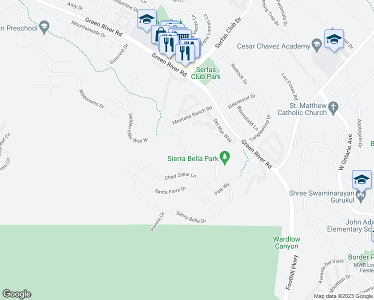 map of restaurants, bars, coffee shops, grocery stores, and more near 2595 Camino Del Plata in Corona