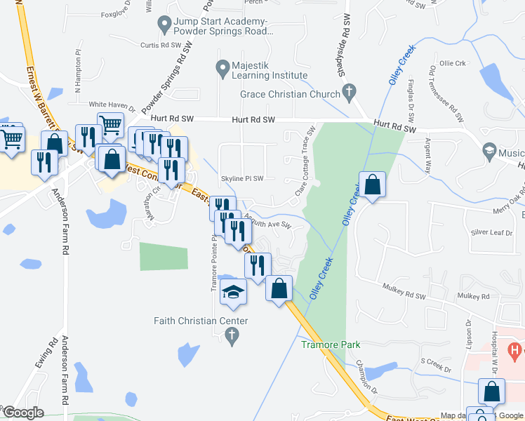 map of restaurants, bars, coffee shops, grocery stores, and more near 3521 Clare Cottage Trace Southwest in Marietta