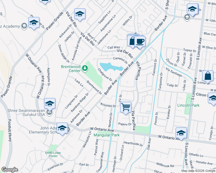 map of restaurants, bars, coffee shops, grocery stores, and more near 1586 Border Avenue in Corona
