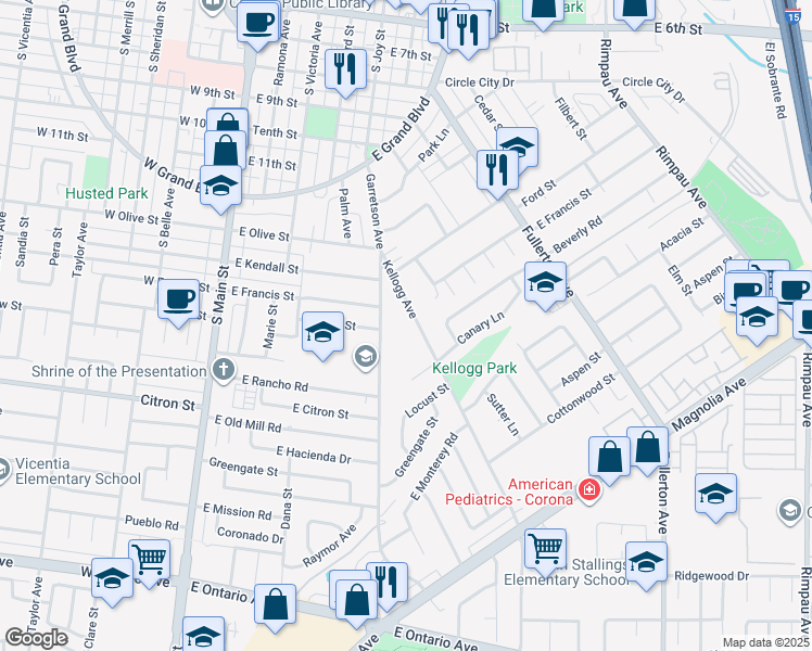 map of restaurants, bars, coffee shops, grocery stores, and more near 1416 Kellogg Avenue in Corona