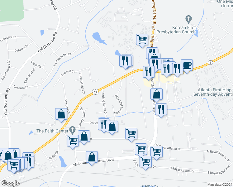 map of restaurants, bars, coffee shops, grocery stores, and more near 2660 Summit Hills Drive in Tucker