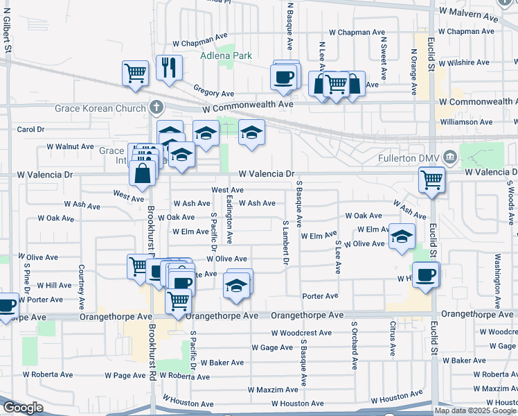 map of restaurants, bars, coffee shops, grocery stores, and more near 1472 West Ash Avenue in Fullerton