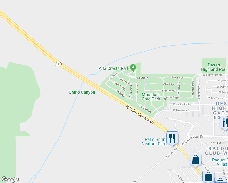 map of restaurants, bars, coffee shops, grocery stores, and more near 1231 Palmas Ridge in Palm Springs