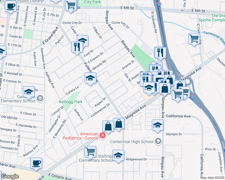 map of restaurants, bars, coffee shops, grocery stores, and more near 979 Redwood Court in Corona