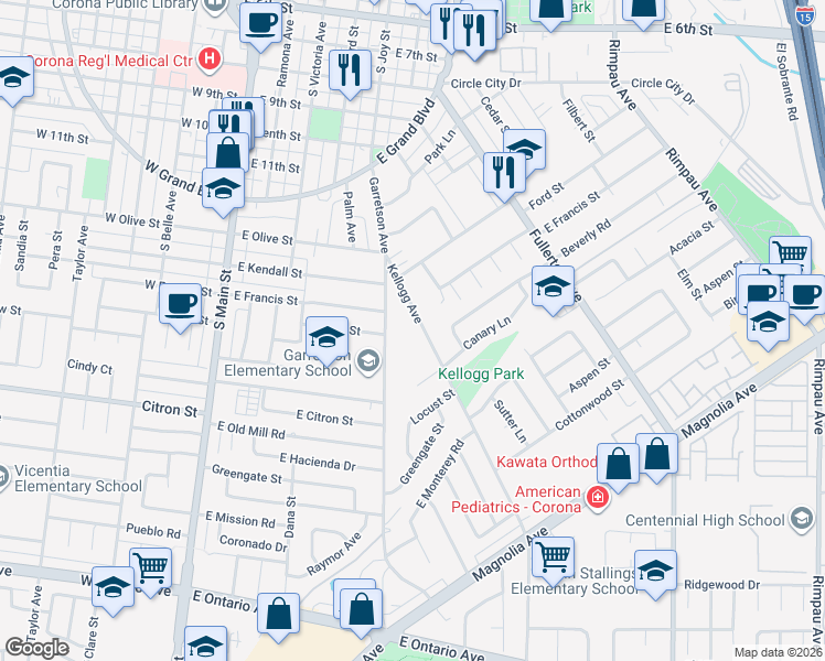 map of restaurants, bars, coffee shops, grocery stores, and more near 1416 Kellogg Avenue in Corona