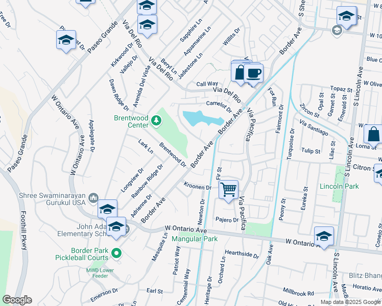 map of restaurants, bars, coffee shops, grocery stores, and more near 1542 Border Avenue in Corona