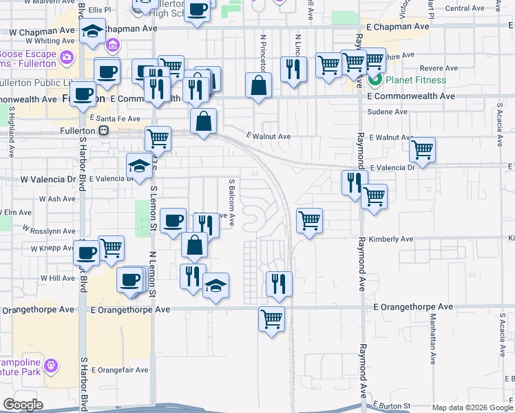 map of restaurants, bars, coffee shops, grocery stores, and more near 6 Palm Via in Anaheim