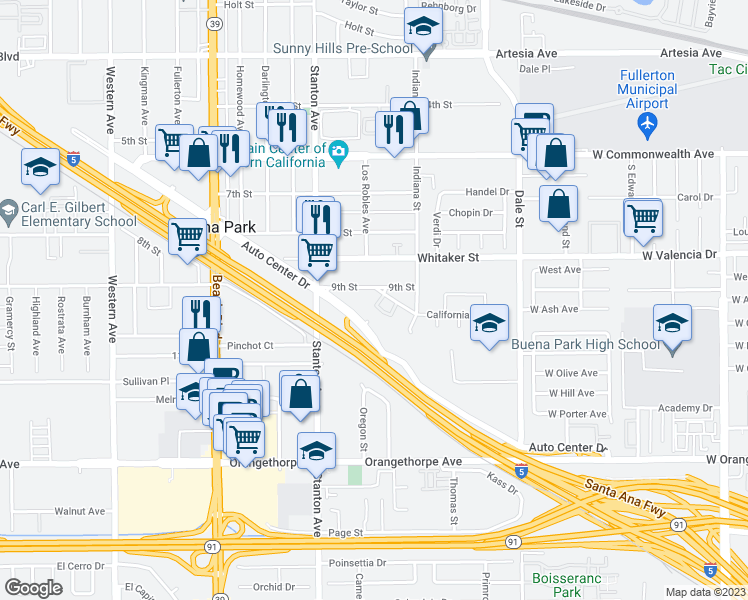 map of restaurants, bars, coffee shops, grocery stores, and more near 8121 9th Street in Buena Park