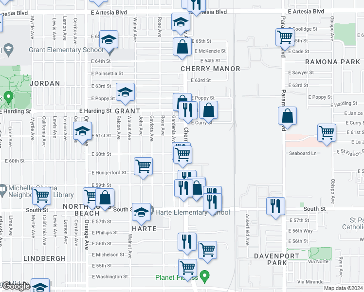 map of restaurants, bars, coffee shops, grocery stores, and more near in Long Beach