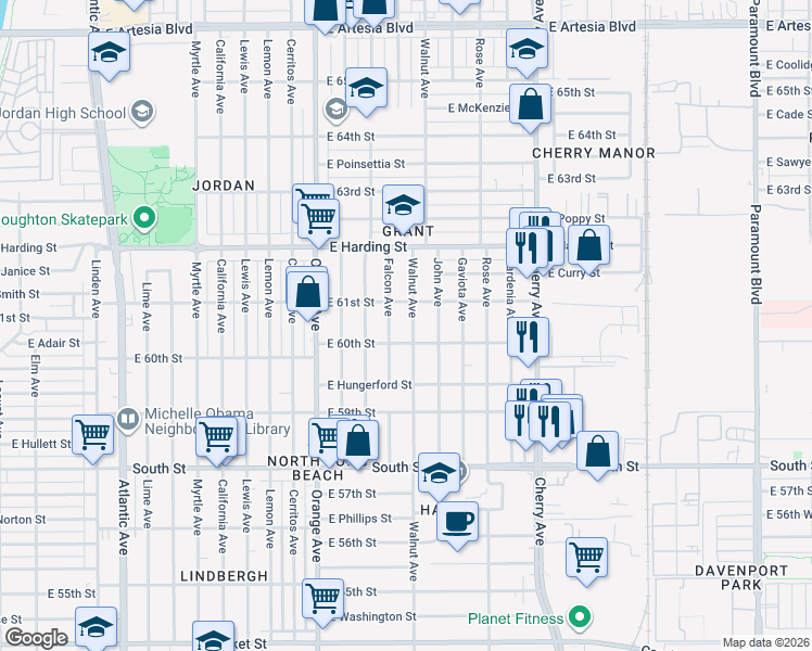 map of restaurants, bars, coffee shops, grocery stores, and more near 6065 Falcon Avenue in Long Beach