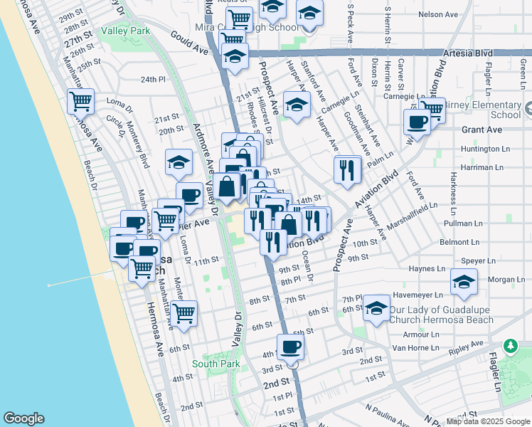 map of restaurants, bars, coffee shops, grocery stores, and more near 900 15th Street in Hermosa Beach