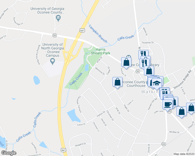 map of restaurants, bars, coffee shops, grocery stores, and more near 87 Mimosa Drive in Watkinsville