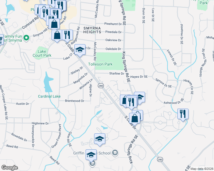 map of restaurants, bars, coffee shops, grocery stores, and more near 103 Gentilly Close in Smyrna