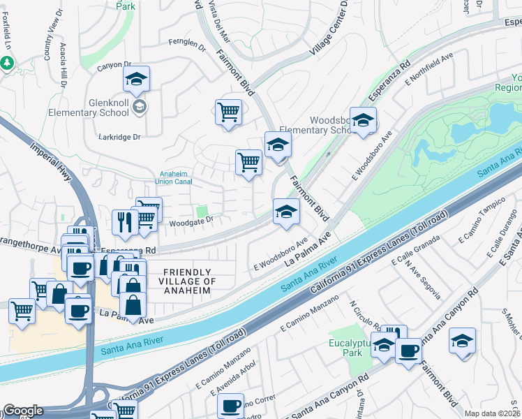 map of restaurants, bars, coffee shops, grocery stores, and more near 20332 Flower Gate Lane in Yorba Linda
