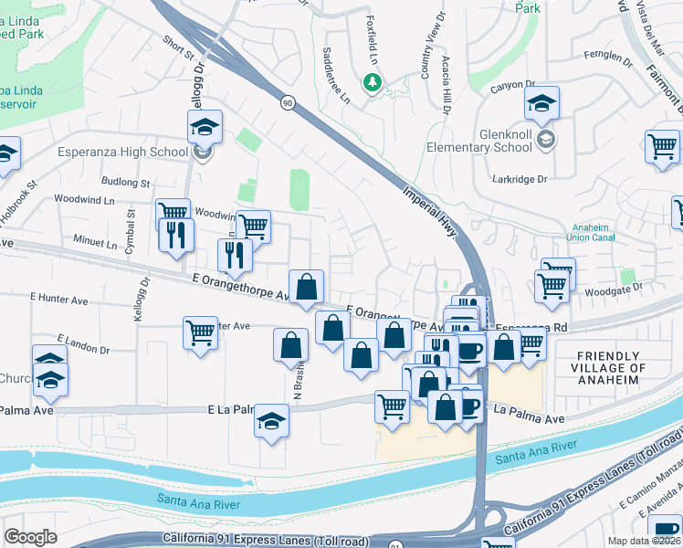 map of restaurants, bars, coffee shops, grocery stores, and more near 1718 Oak Knoll Drive in Anaheim