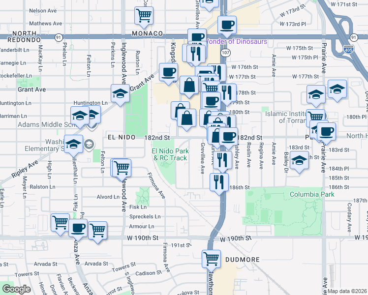 map of restaurants, bars, coffee shops, grocery stores, and more near 18216 Kingsdale Avenue in Redondo Beach
