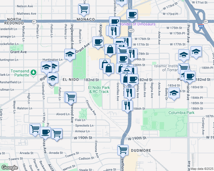 map of restaurants, bars, coffee shops, grocery stores, and more near 2909 182nd Street in Redondo Beach