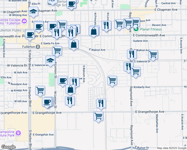 map of restaurants, bars, coffee shops, grocery stores, and more near 7 Magnolia Via in Anaheim