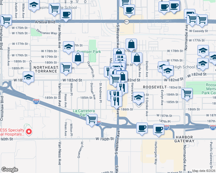 map of restaurants, bars, coffee shops, grocery stores, and more near 18302 Manhattan Place in Torrance