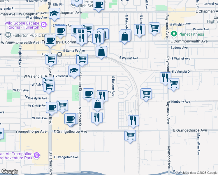 map of restaurants, bars, coffee shops, grocery stores, and more near 612 Newkirk Avenue in Fullerton
