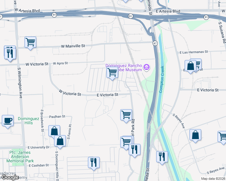 map of restaurants, bars, coffee shops, grocery stores, and more near 2601 East Victoria Street in Los Angeles County