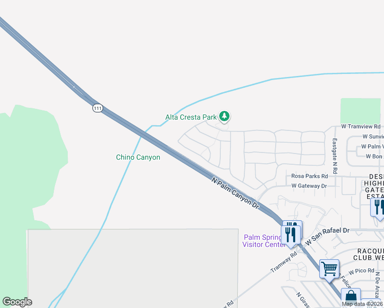 map of restaurants, bars, coffee shops, grocery stores, and more near 1231 Palmas Ridge in Palm Springs