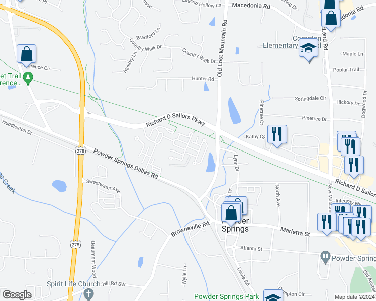 map of restaurants, bars, coffee shops, grocery stores, and more near 4513 Flowering Branch in Powder Springs