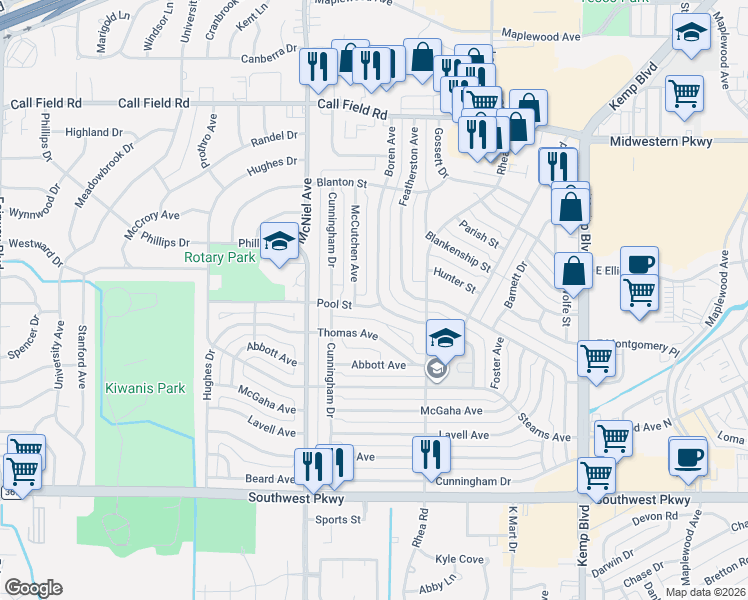 map of restaurants, bars, coffee shops, grocery stores, and more near 4337 McCutchen Avenue in Wichita Falls