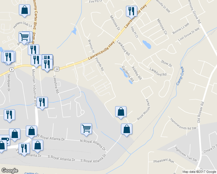 map of restaurants, bars, coffee shops, grocery stores, and more near 6156 Thorncrest Drive in Tucker