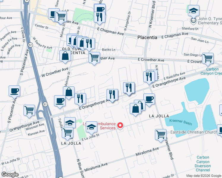 map of restaurants, bars, coffee shops, grocery stores, and more near 345 Crestlake Circle in Placentia
