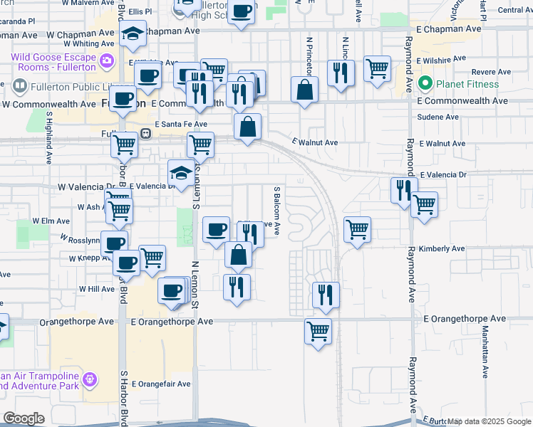 map of restaurants, bars, coffee shops, grocery stores, and more near 612 Newkirk Avenue in Fullerton
