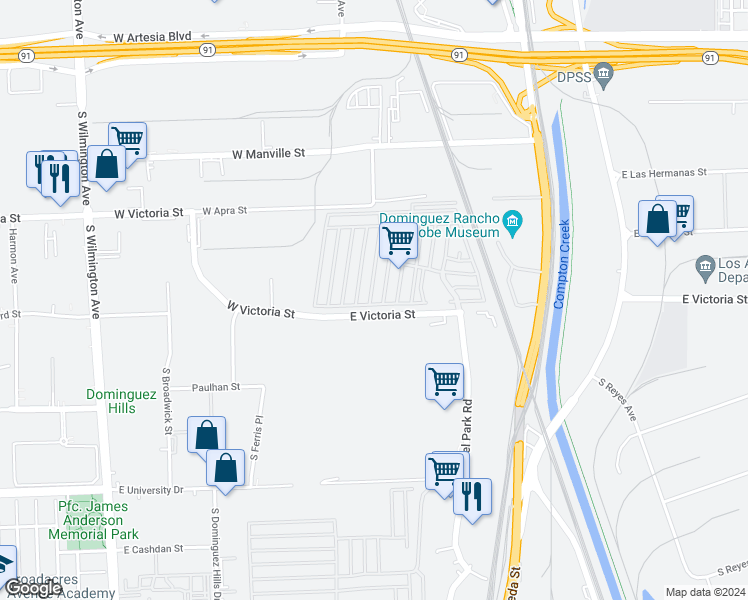 map of restaurants, bars, coffee shops, grocery stores, and more near 2601 East Victoria Street in Los Angeles County