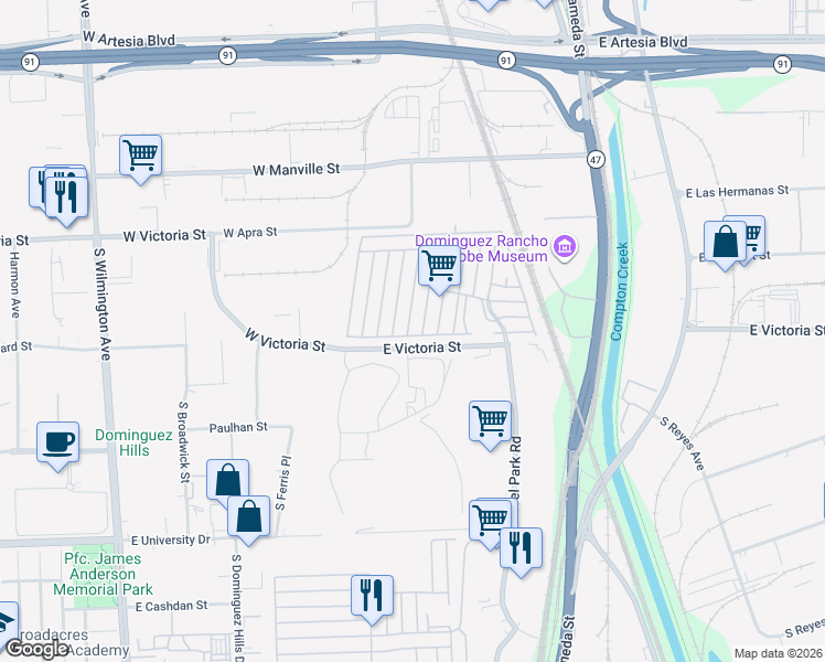 map of restaurants, bars, coffee shops, grocery stores, and more near Domingo in Compton