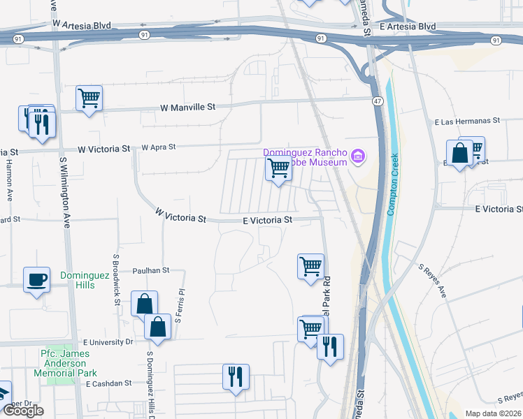 map of restaurants, bars, coffee shops, grocery stores, and more near 2601 East Victoria Street in Los Angeles County