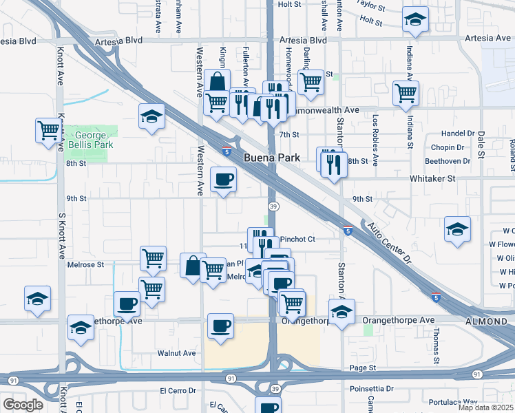 map of restaurants, bars, coffee shops, grocery stores, and more near 7692 9th Street in Buena Park