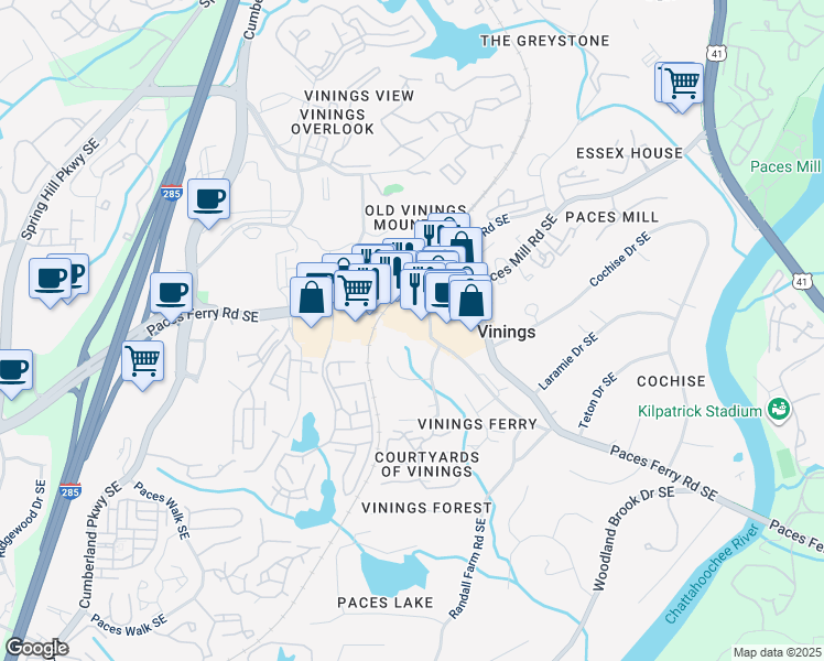 map of restaurants, bars, coffee shops, grocery stores, and more near 2800 New Paces Ferry Road Northwest in Atlanta