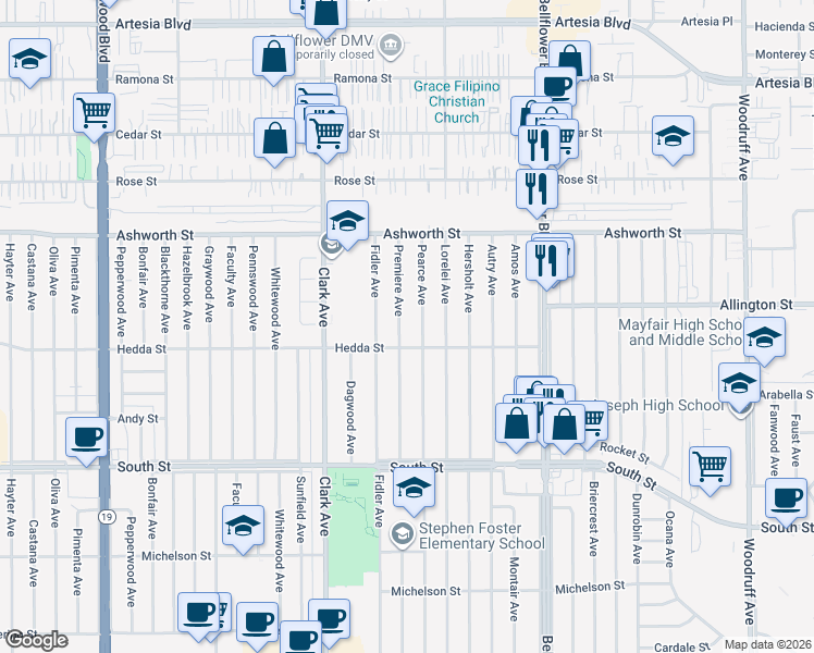 map of restaurants, bars, coffee shops, grocery stores, and more near 6049 Premiere Avenue in Lakewood