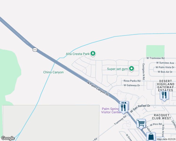 map of restaurants, bars, coffee shops, grocery stores, and more near 1150 Palmas Ridge in Palm Springs