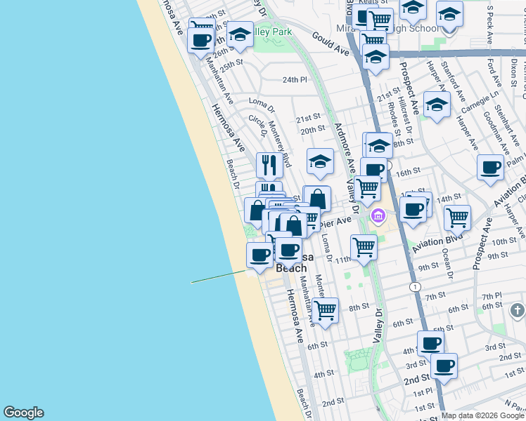 map of restaurants, bars, coffee shops, grocery stores, and more near 82 16th Street in Hermosa Beach