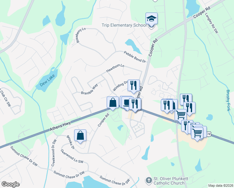 map of restaurants, bars, coffee shops, grocery stores, and more near 1058 Winding Down Way in Grayson