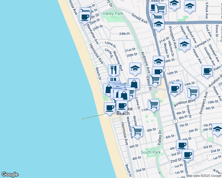 map of restaurants, bars, coffee shops, grocery stores, and more near 82 16th Street in Hermosa Beach
